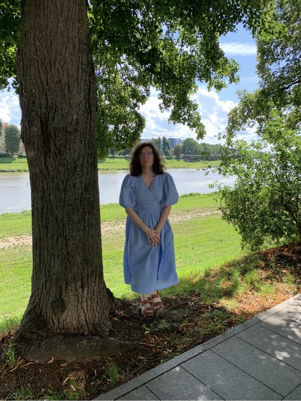 Women's Light Blue Wrap Puff-Sleeve Midi Dress